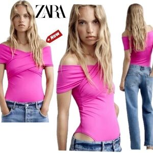Zara hot pink off the shoulder ruched twisted bodysuit Sz M NWT